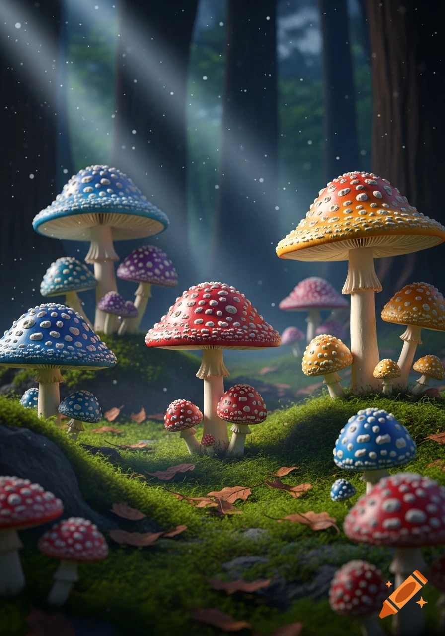 A vibrant group of blue, red, yellow, and purple spotted mushrooms on a mossy forest floor, bathed in sunrays.