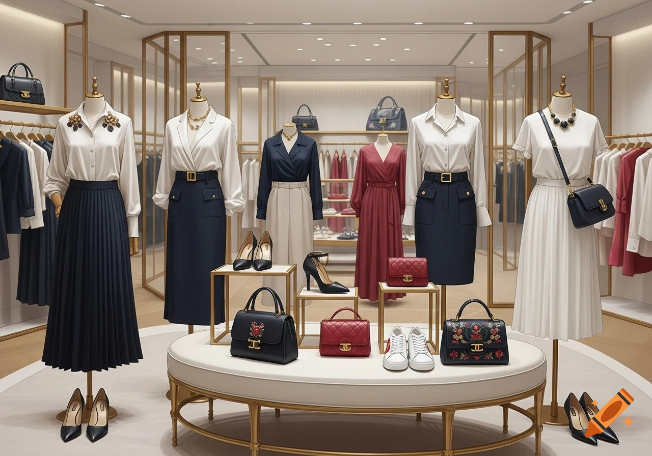 A brightly lit luxury boutique display with mannequins wearing women's clothing, including skirts, blouses, and a dress, alongside various handbags and shoes on pedestals.
