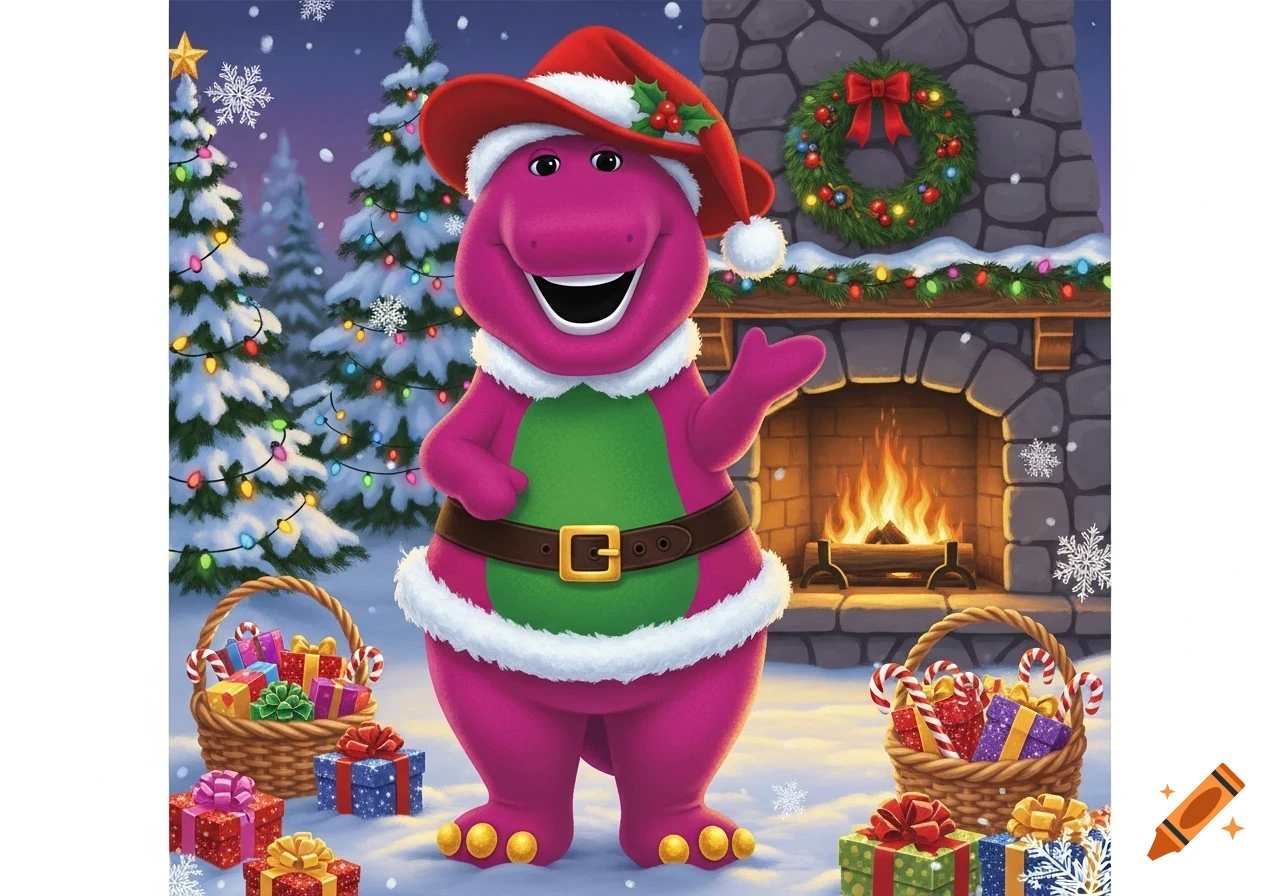 Barney the dinosaur in a Santa suit, standing in a snowy Christmas scene with a fireplace and presents.
