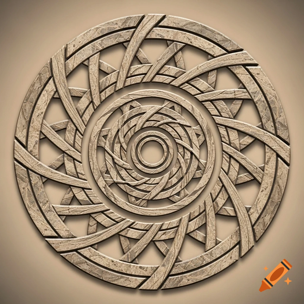 A detailed circular stone carving featuring intricate concentric patterns of interwoven lines and diagonal segments on a beige background.