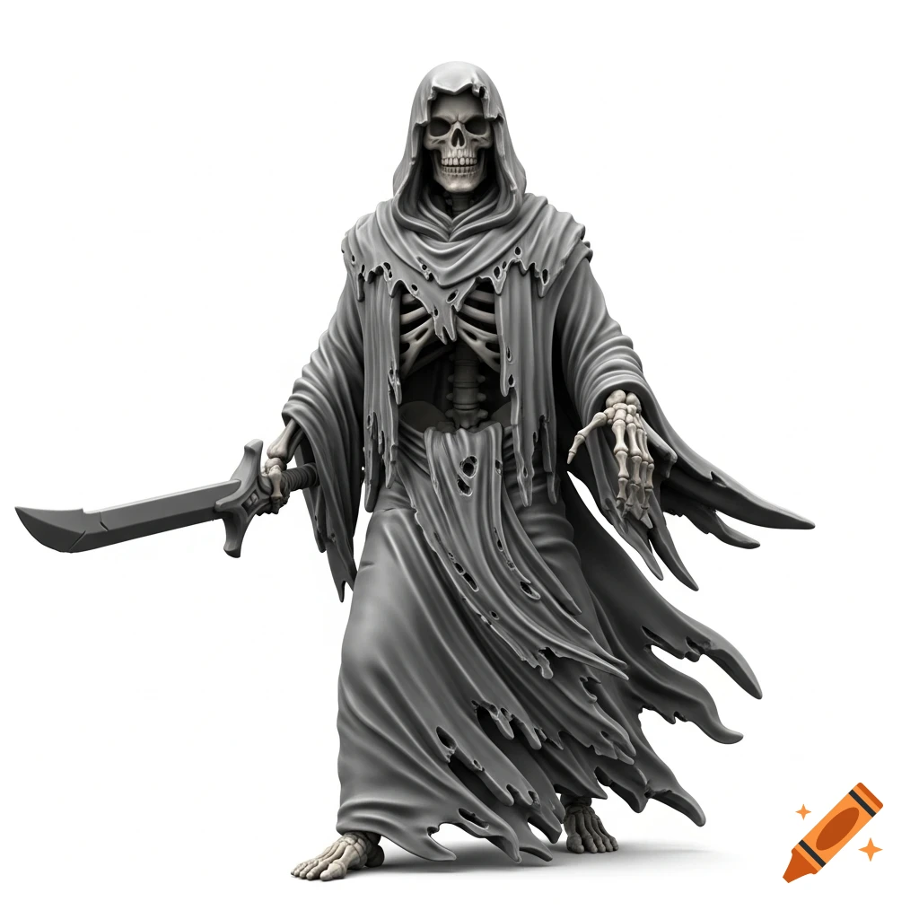A detailed 3D render of a skeletal figure in tattered hooded robes holding a sword, on a white background, in a tabletop RPG style.