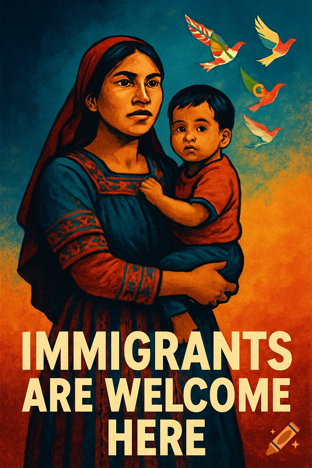Vintage activism poster of a woman holding a child, with doves and the text 'IMMIGRANTS ARE WELCOME HERE'.