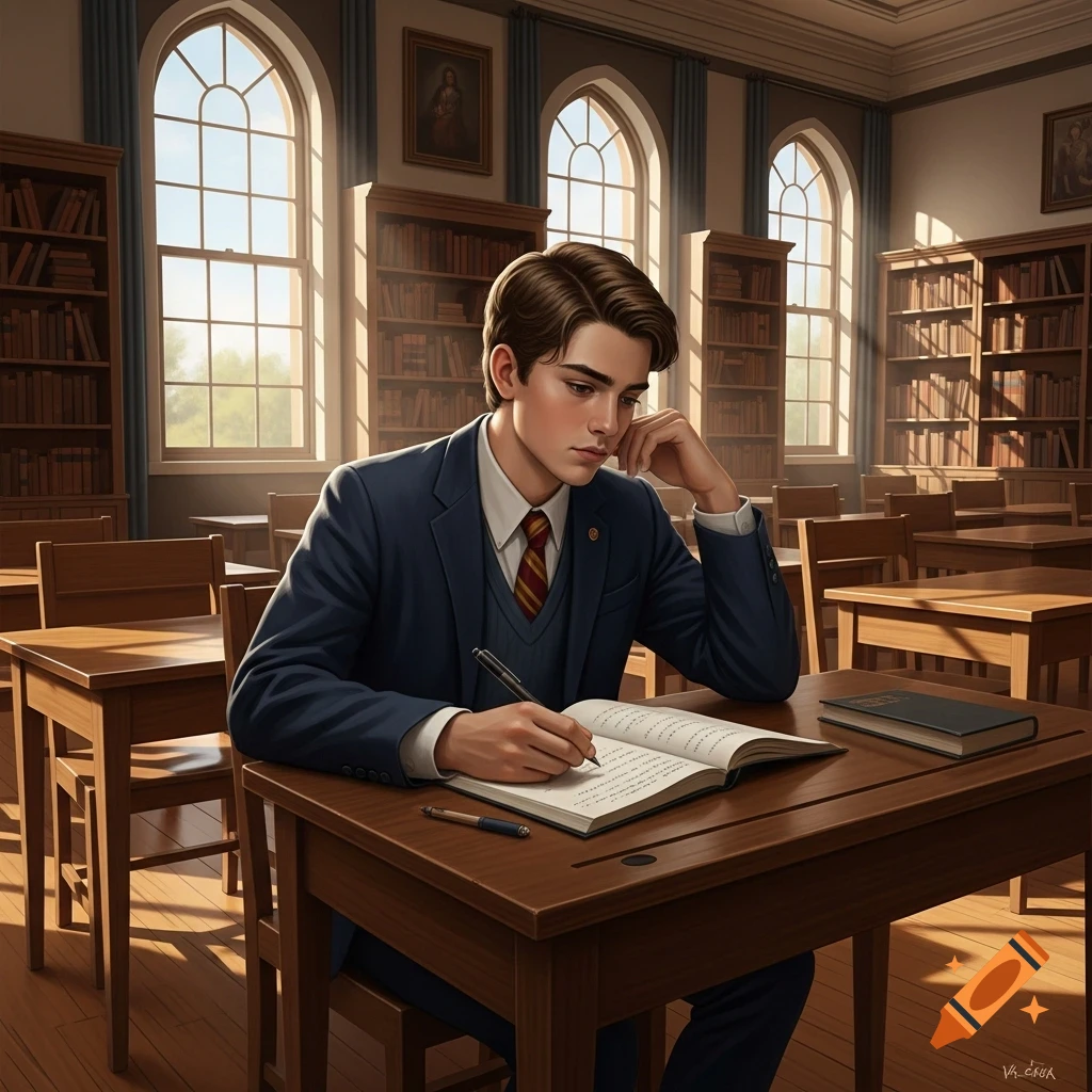 A focused male student in a school uniform writes in a book at a wooden desk in a sunlit classroom with arched windows.