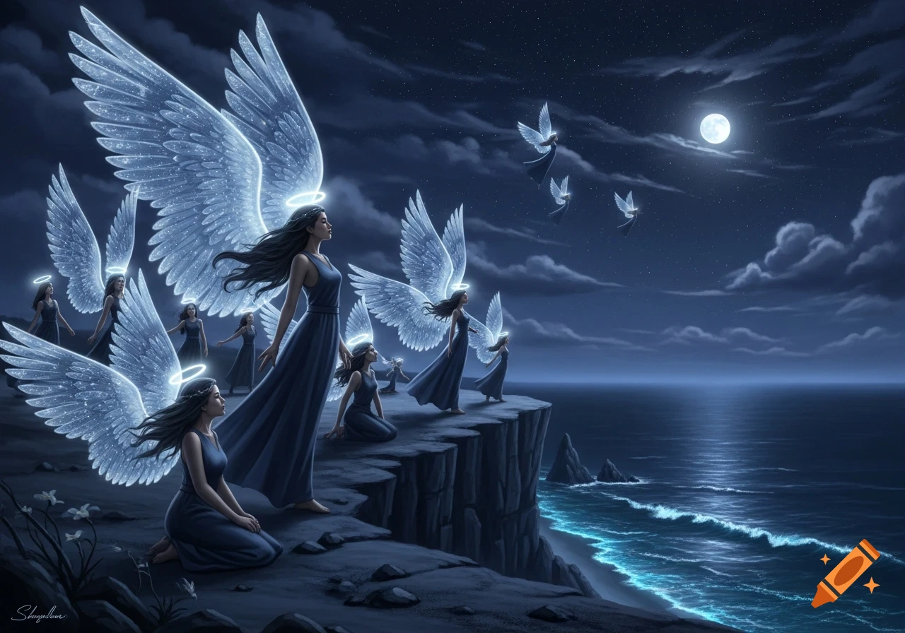 Multiple angels with glowing wings and halos stand and kneel on a cliff overlooking a moonlit ocean, with some flying in the night sky.
