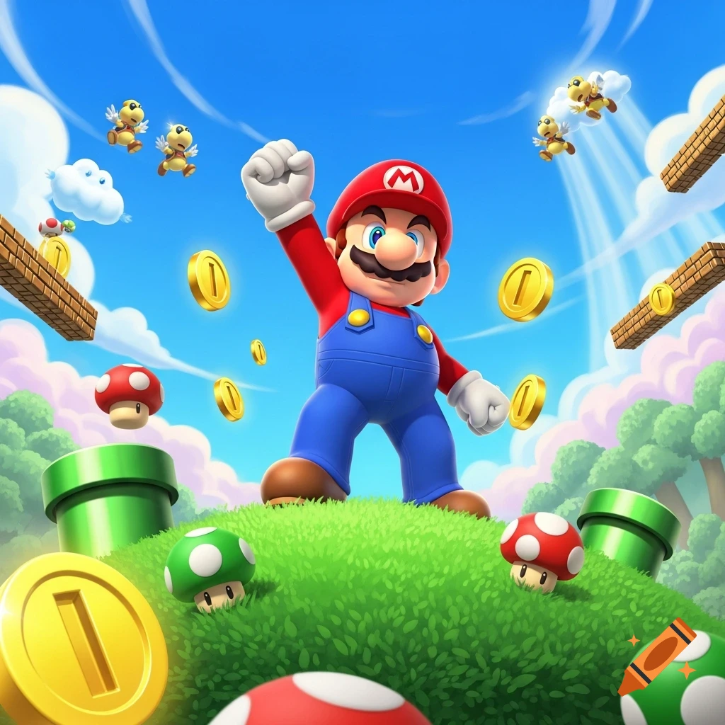 Super Mario raises his fist in a vibrant, grassy landscape with floating coins, brick platforms, mushrooms, and flying Koopa Troopas under a blue sky.