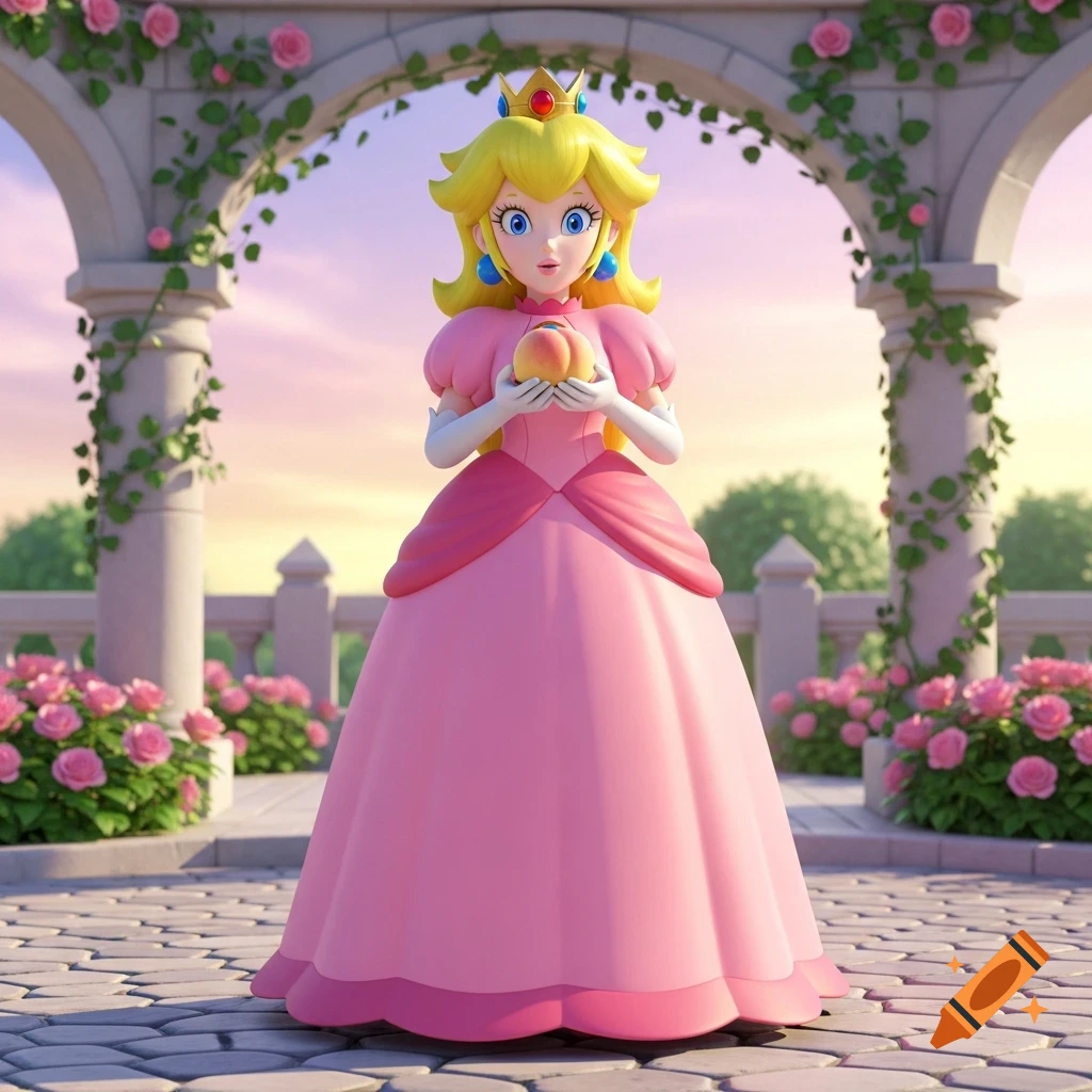 Princess Peach in a pink dress and crown holding a peach fruit under a rose-covered archway at sunset, 3D render.