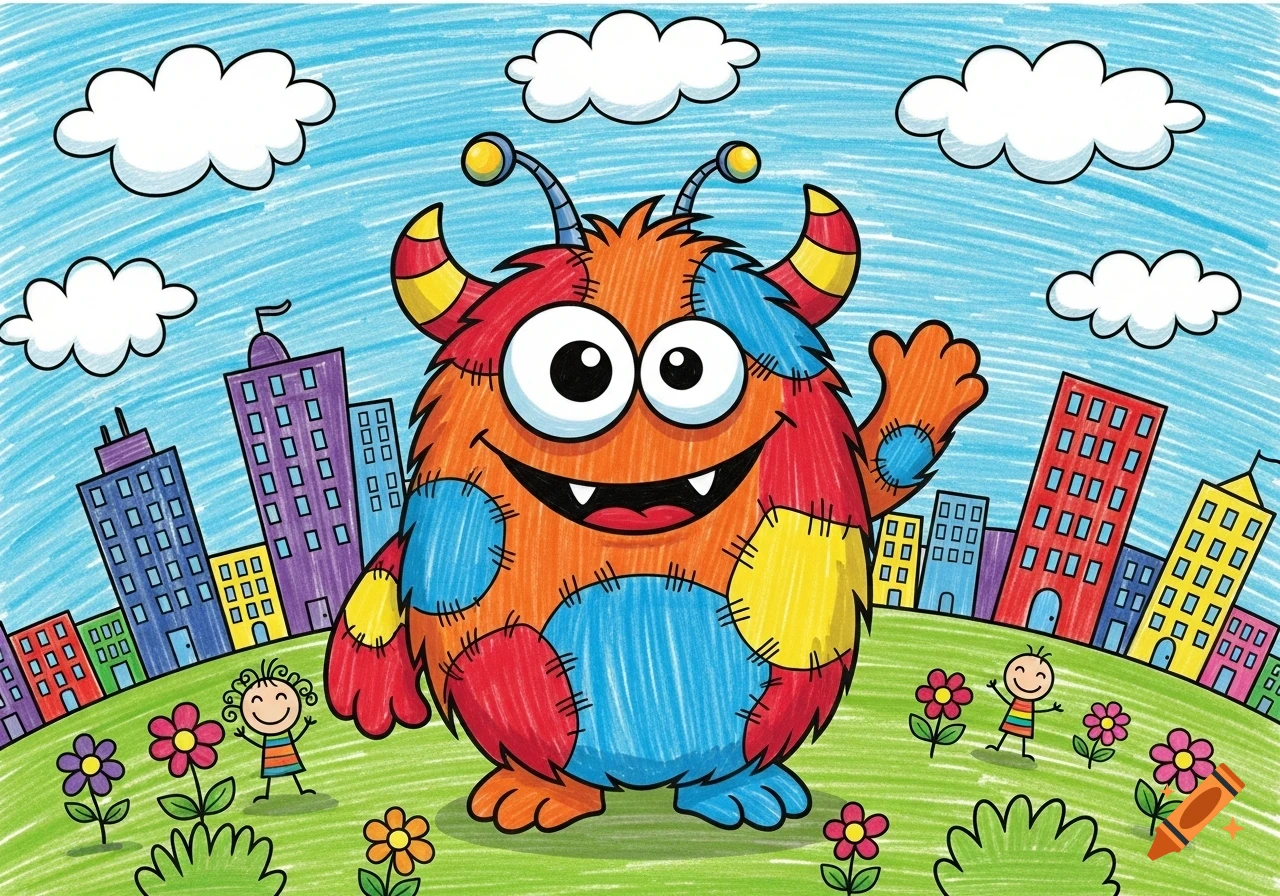 A friendly, vibrant marker-drawn monster with colorful patches waves in a park with smiling children and a city skyline.