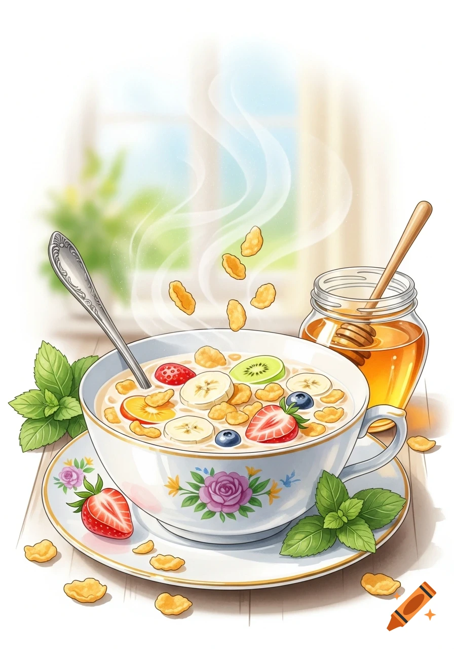 Vibrant illustration of a bowl of cereal with milk, fresh strawberries, bananas, kiwi, blueberries, cornflakes, and a jar of honey.