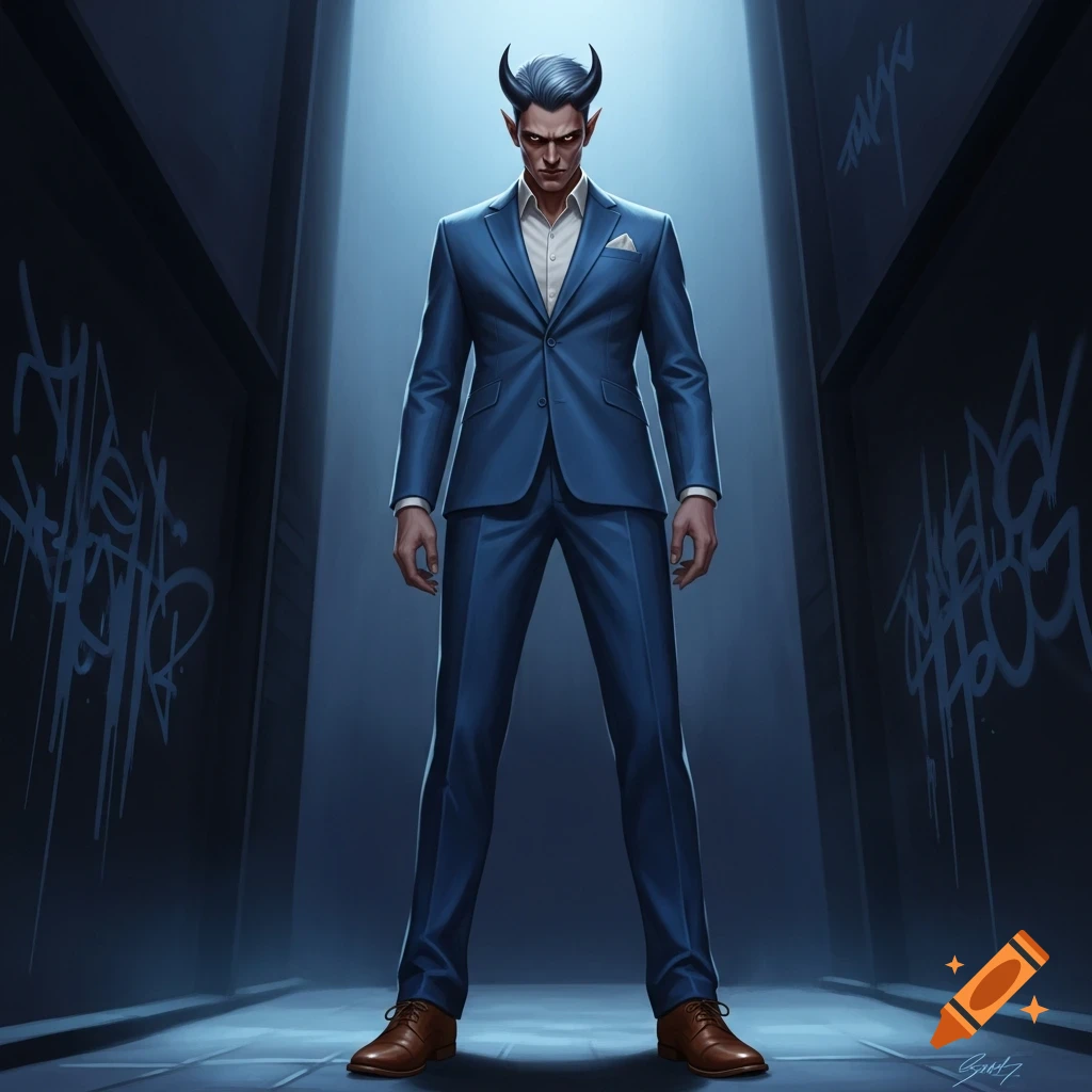A tall, slender man with devil horns, pointy ears, and red eyes wears a blue suit, standing in a dark alleyway with graffiti.