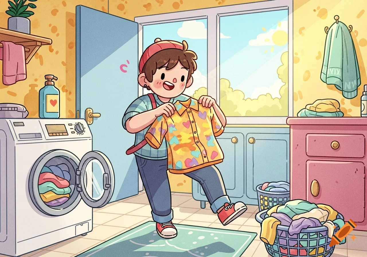 A happy cartoon person holding a colorful shirt in a laundry room with a washing machine and laundry baskets.