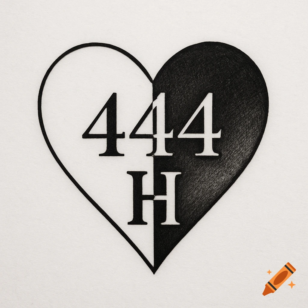 Black and white heart design with numbers 444 and letter H. Left half is white with black text, right half is black with white text.