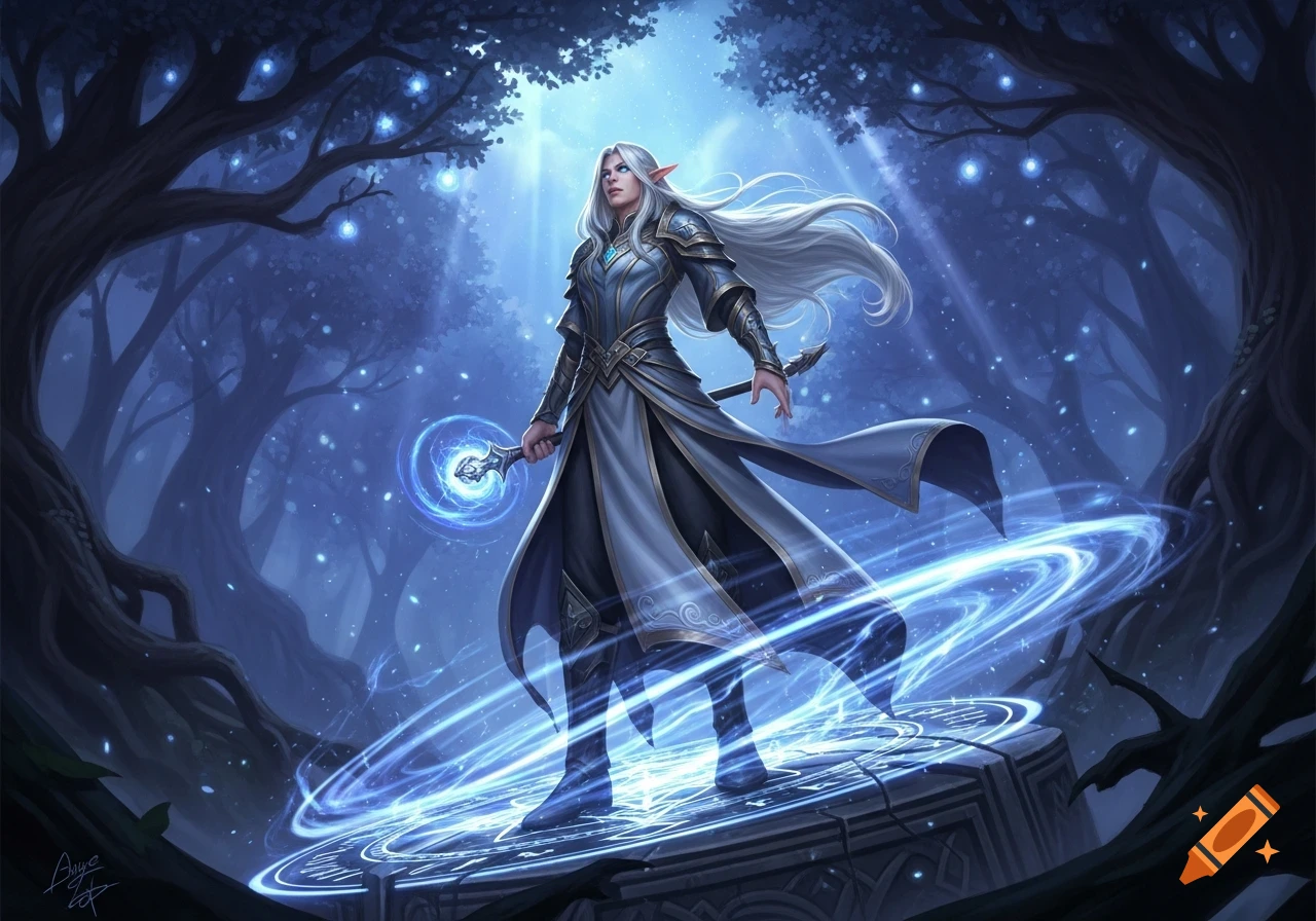 A silver-haired elf mage in blue and gold armor stands on a glowing magical platform in a dark, enchanted forest.