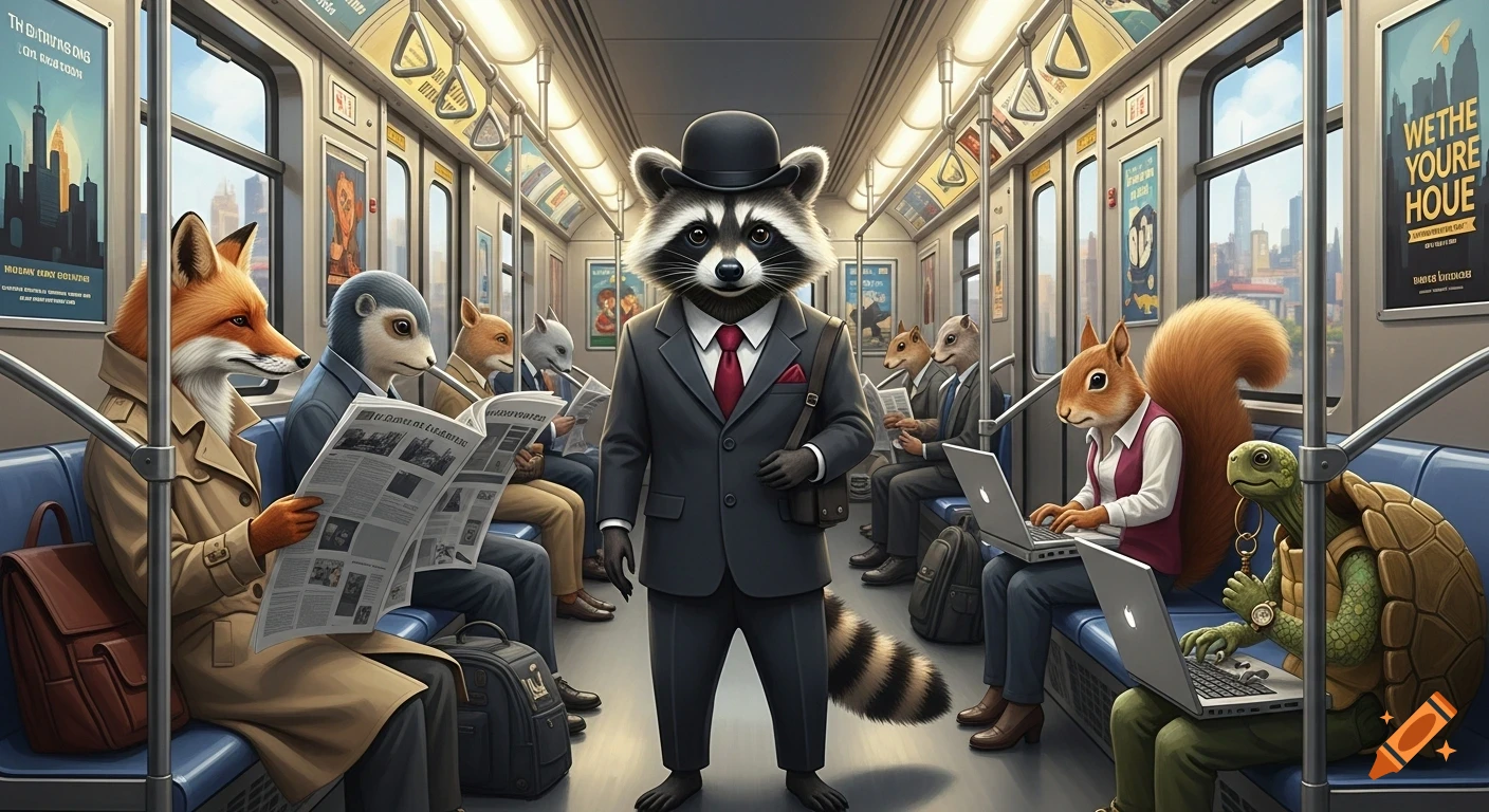 Anthropomorphic animals in suits and dresses commute on a subway train, with a raccoon in a bowler hat and suit standing centrally.