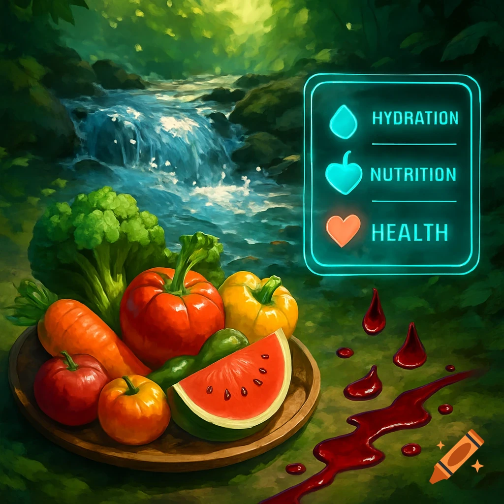A vibrant digital painting shows a platter of fresh fruits and vegetables in a forest by a waterfall, with a glowing health HUD and stylized blood.