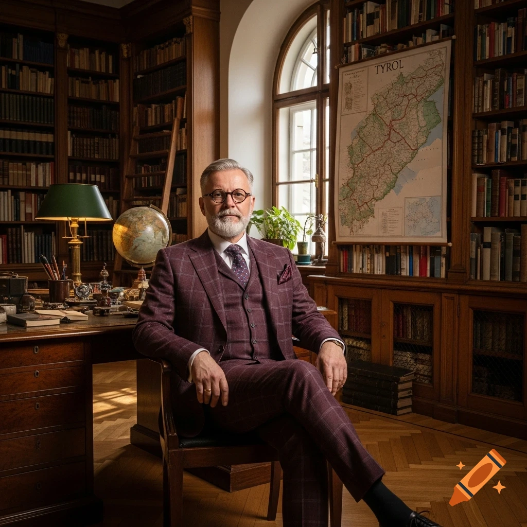 A distinguished man in a plaid suit and glasses sits at a desk in a richly detailed library.
