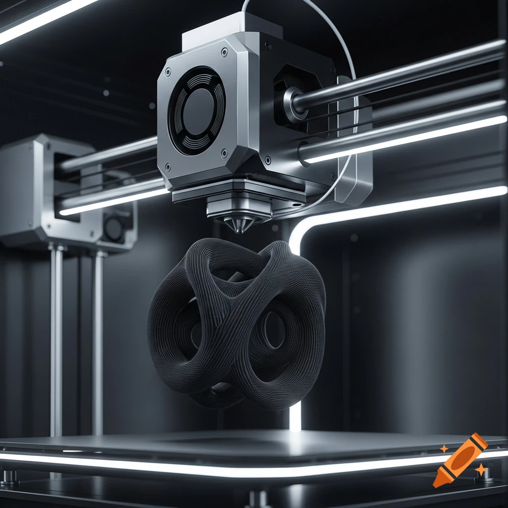 A close-up shot of a 3D printer building a complex, intricately looped black object, illuminated by white light strips.