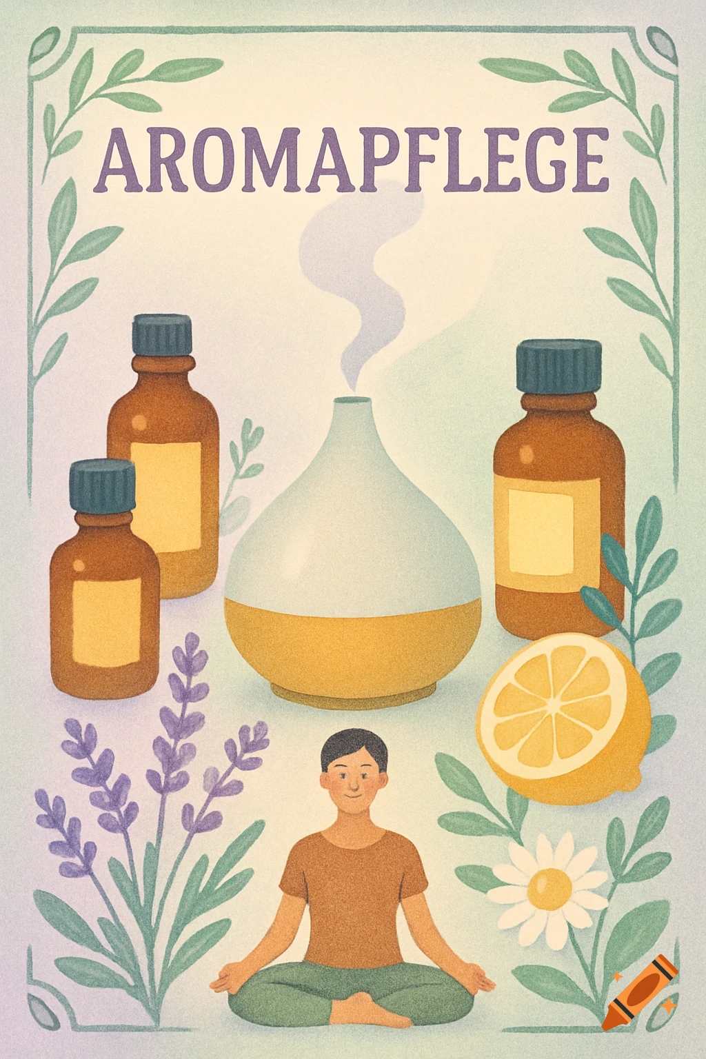 Illustration of aromatherapy items including essential oils, a diffuser, lavender, lemon, and a person meditating, framed by leaves.