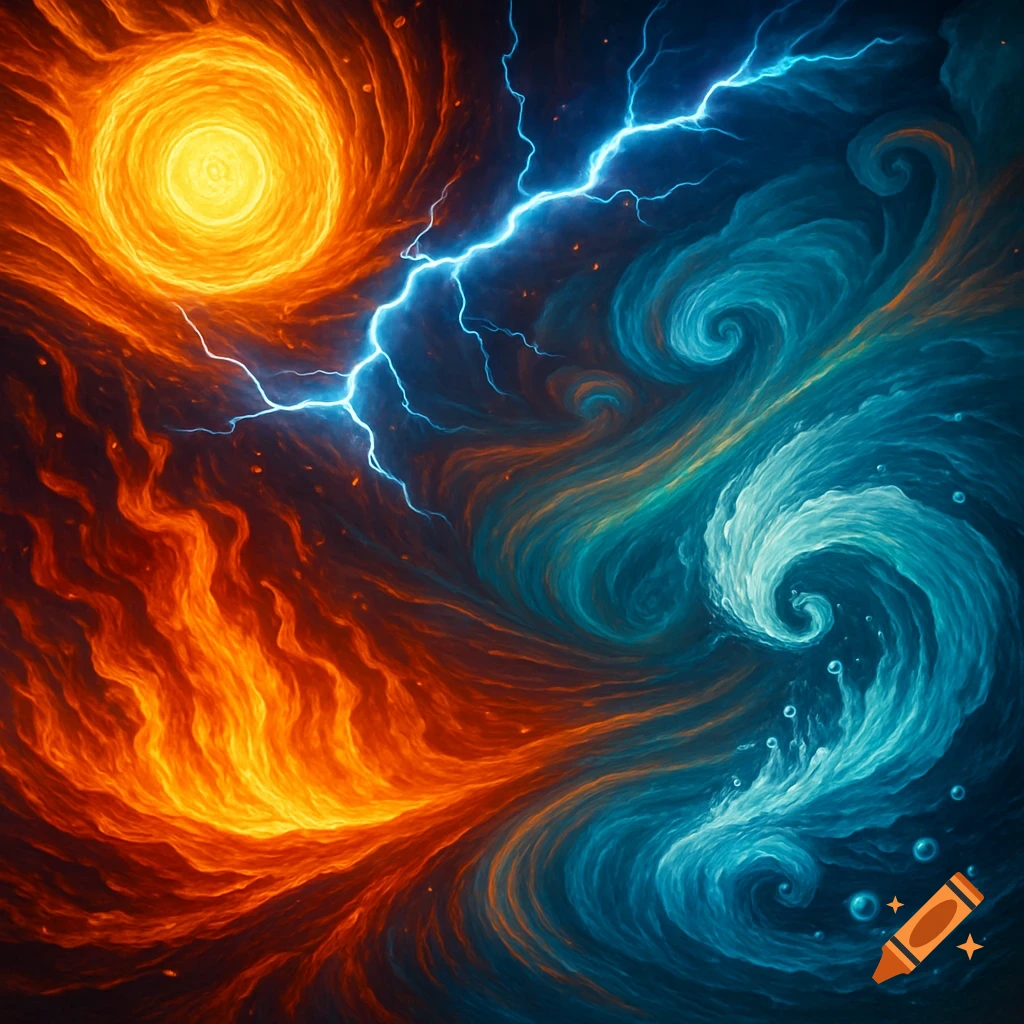A vibrant abstract image split diagonally with swirling orange and red fire on the left and blue and cyan water on the right, separated by lightning.