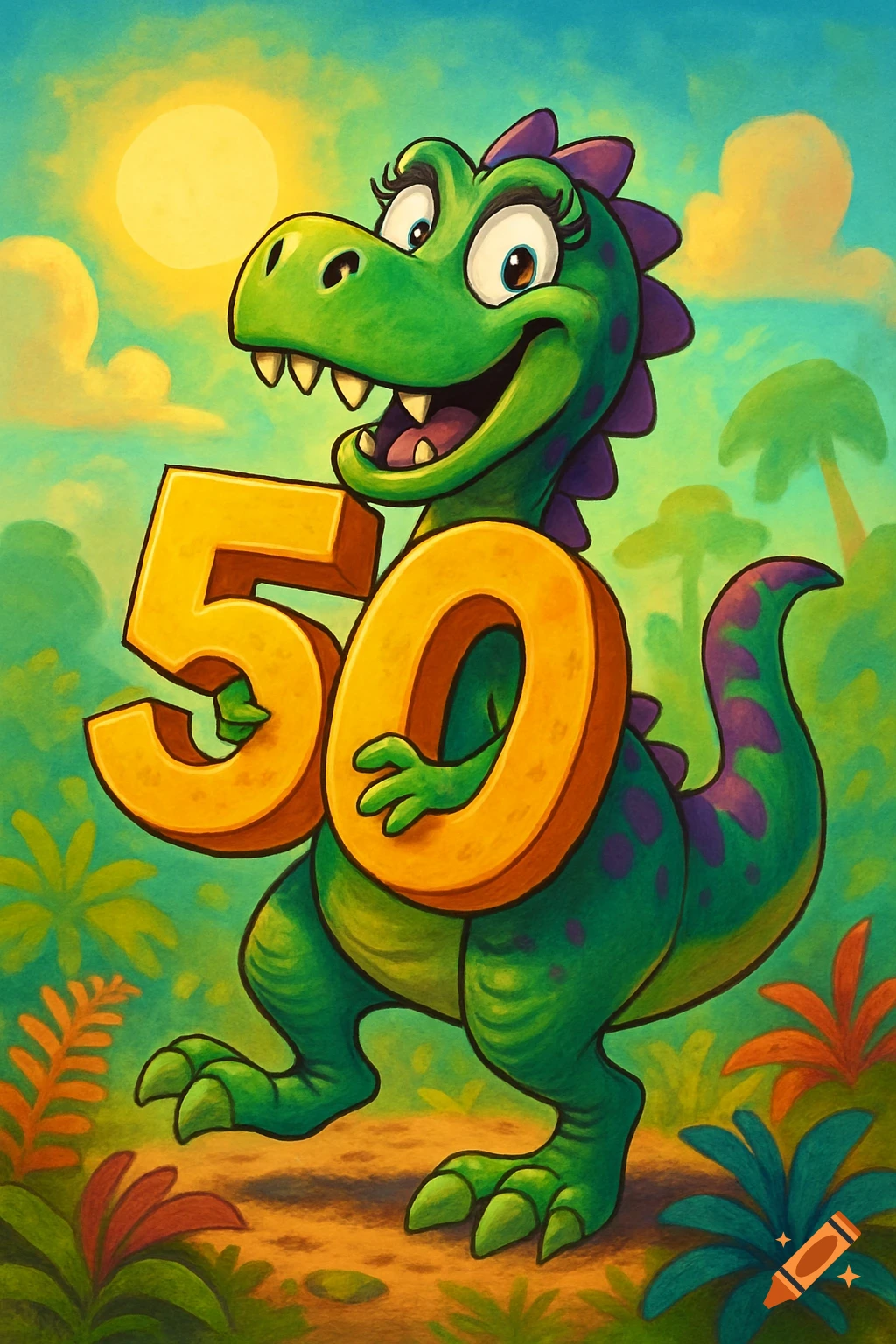 A happy green cartoon dinosaur with purple spots and spikes carries a large golden '50' in a vibrant jungle setting under a bright sun.