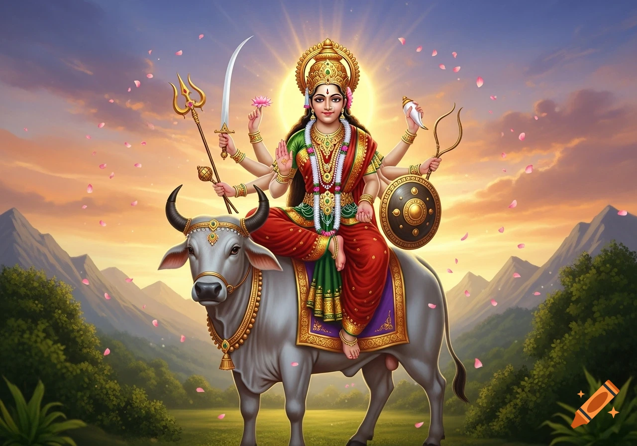 Goddess Durga, a Hindu deity with multiple arms, sits majestically on a decorated white bull, against a vibrant sunset sky over mountains.