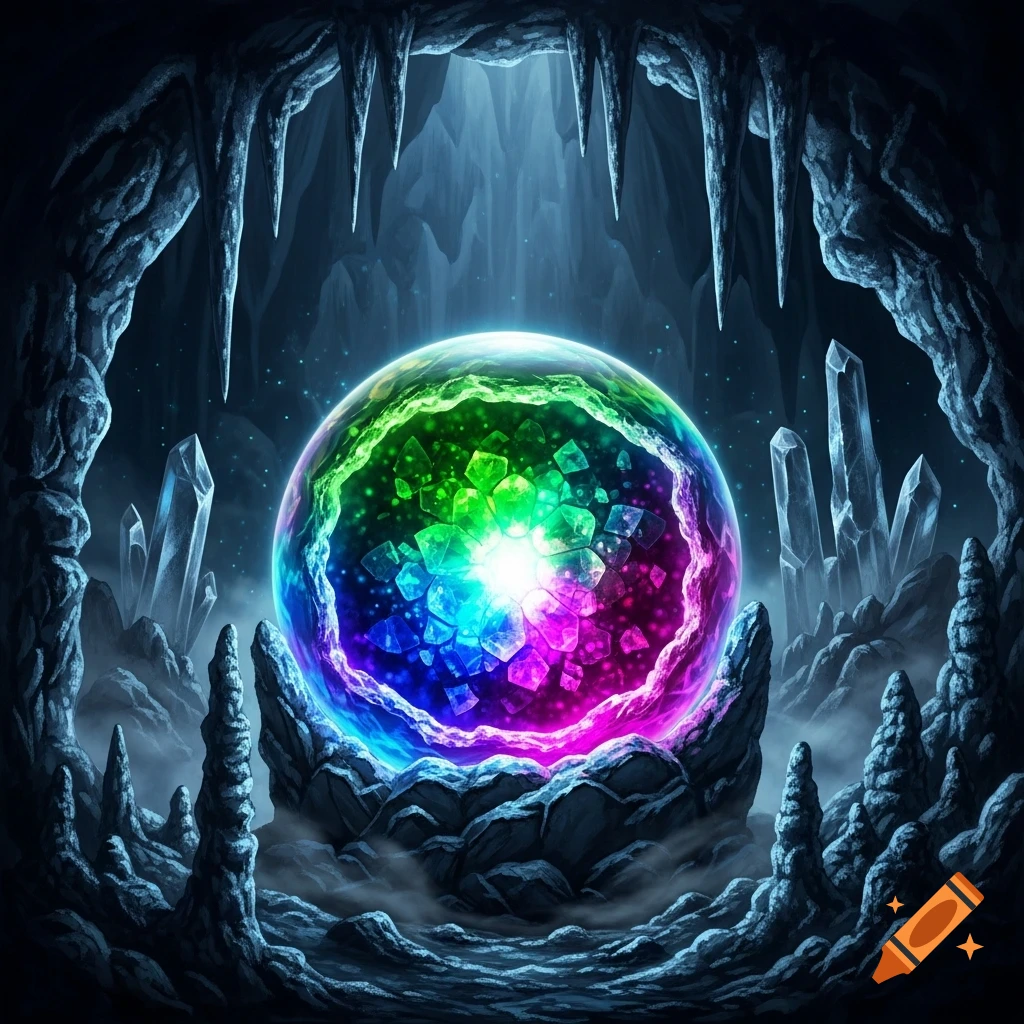 A glowing rainbow-colored geode with a bright core rests in a dark, mysterious cave among large crystals and rock formations.