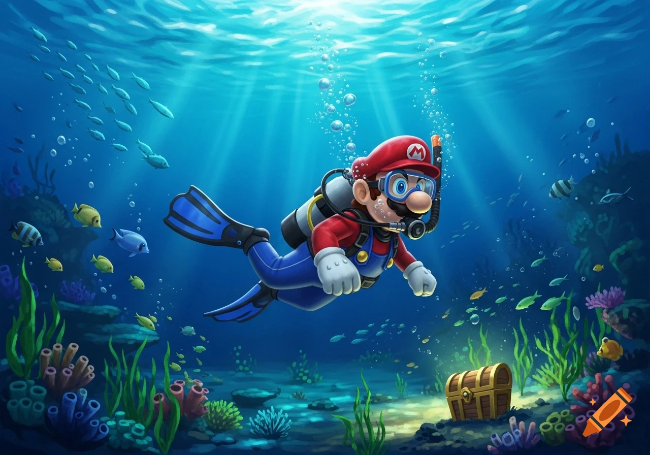 Mario scuba diving underwater surrounded by colorful fish and coral, with a treasure chest on the seabed.