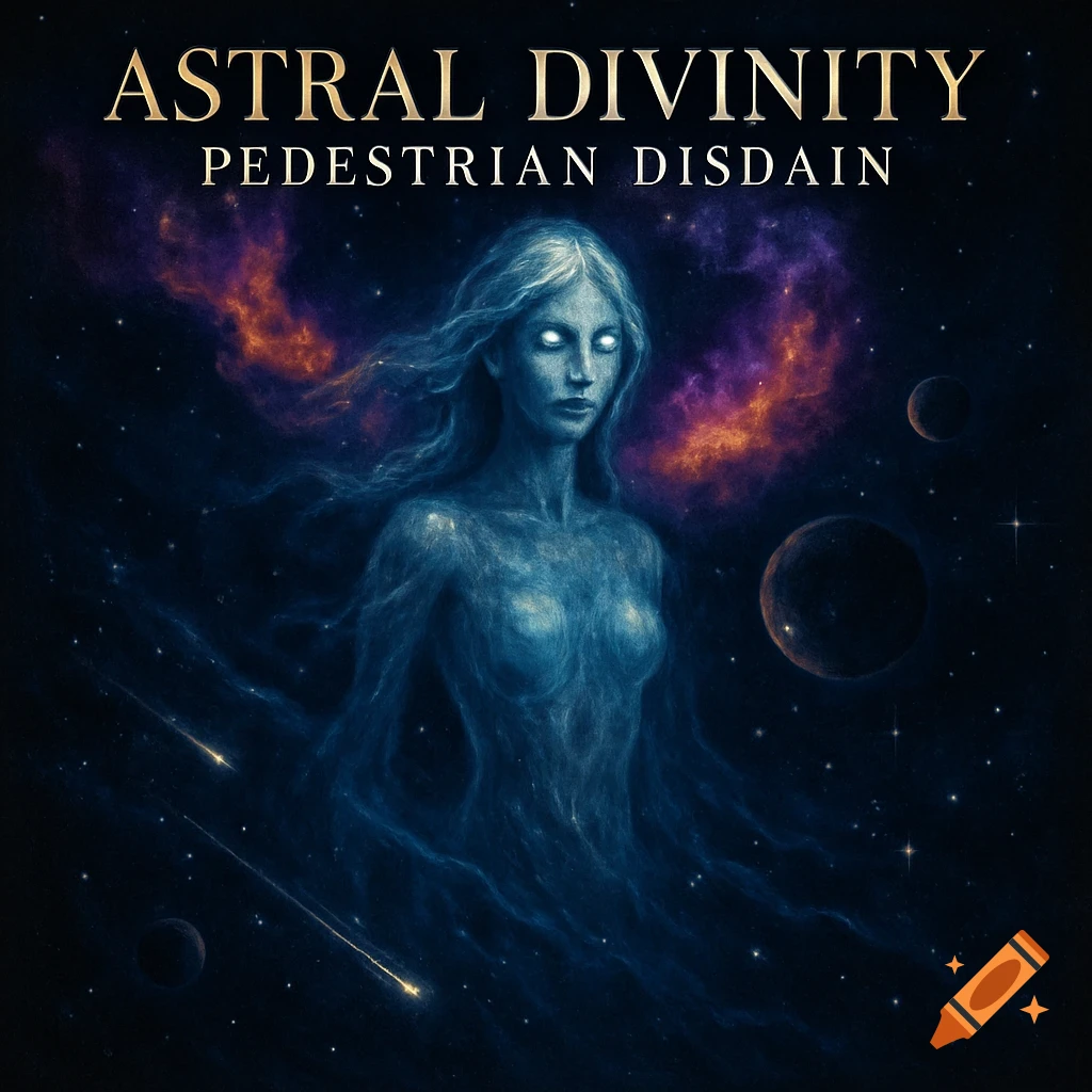 Album cover: "ASTRAL DIVINITY" and "PEDESTRIAN DISDAIN" text above an ethereal cosmic woman with glowing eyes, surrounded by stars, planets, and nebulae.