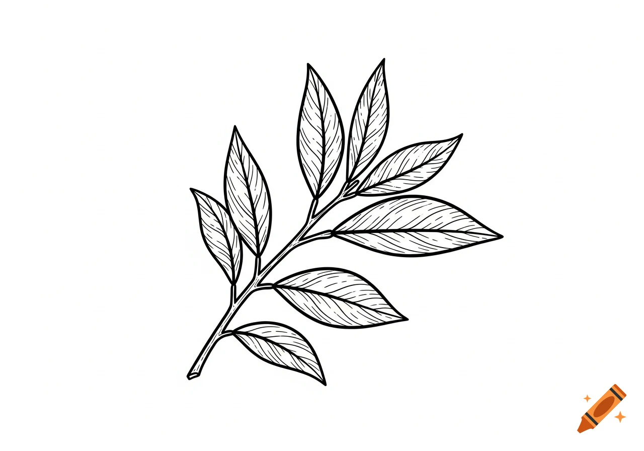 Minimalist black and white line art illustration of a small tree branch with multiple leaves.