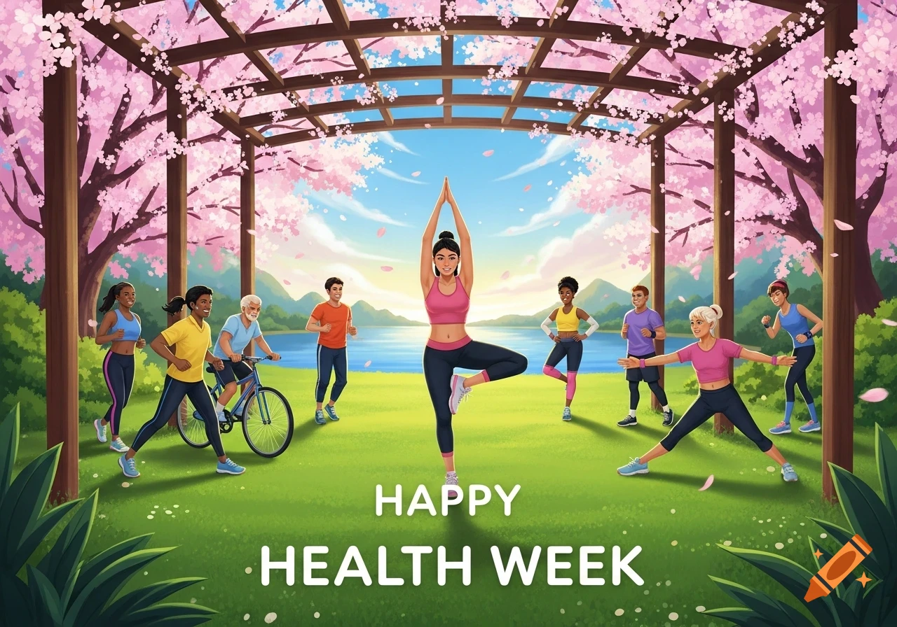 An illustration of diverse people exercising in a park under a cherry blossom pergola with "HAPPY HEALTH WEEK" text.