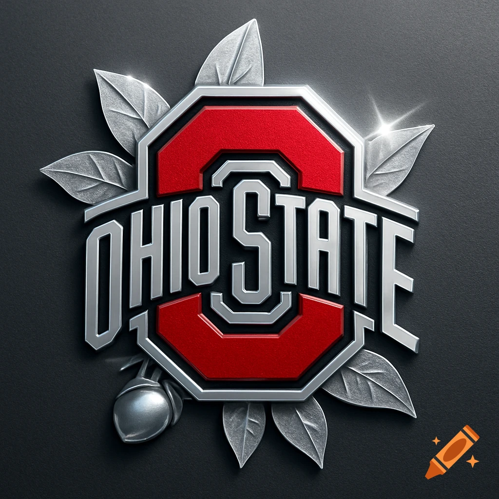 3D metallic Ohio State Buckeyes logo in silver and red, featuring leaves and an acorn on a dark background.