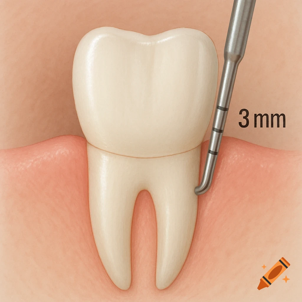 A 2D clinical illustration of a tooth and gum with a periodontal probe inserted 3mm deep, showing healthy gingiva.