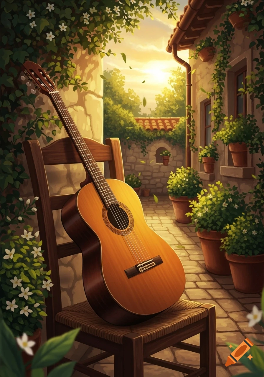 A classical guitar leans against a wooden chair in a sun-drenched, vine-covered alleyway with potted plants.