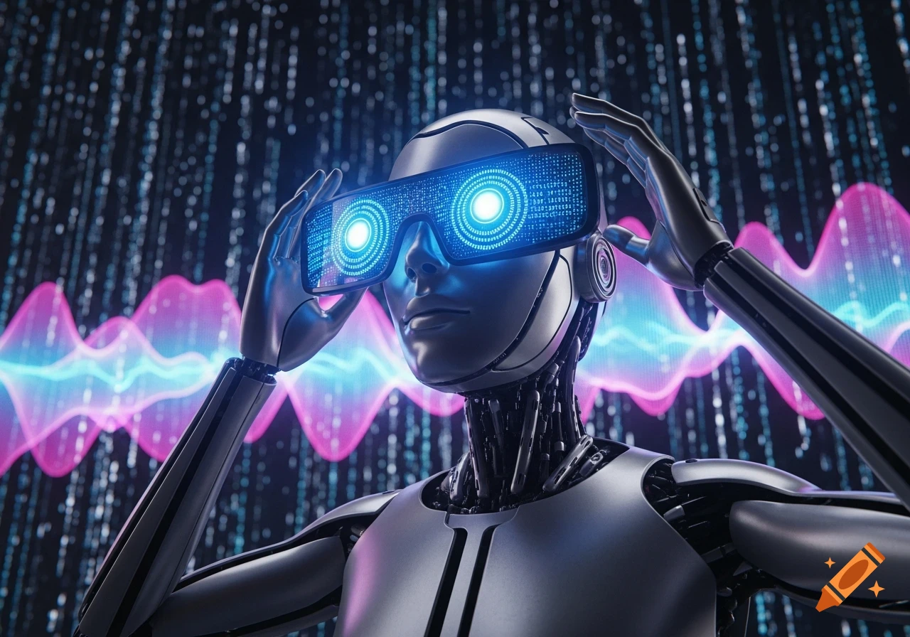A silver robot with glowing blue virtual reality glasses gazes forward, surrounded by digital data streams and vibrant pink and blue sound waves.
