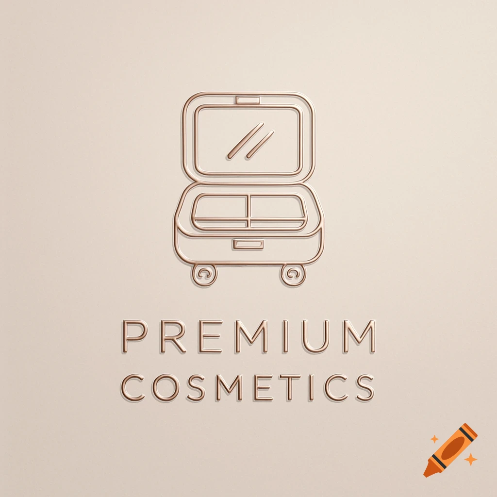 Embossed copper outline logo of an open makeup compact on a beige background, with the words 'PREMIUM COSMETICS' below it.