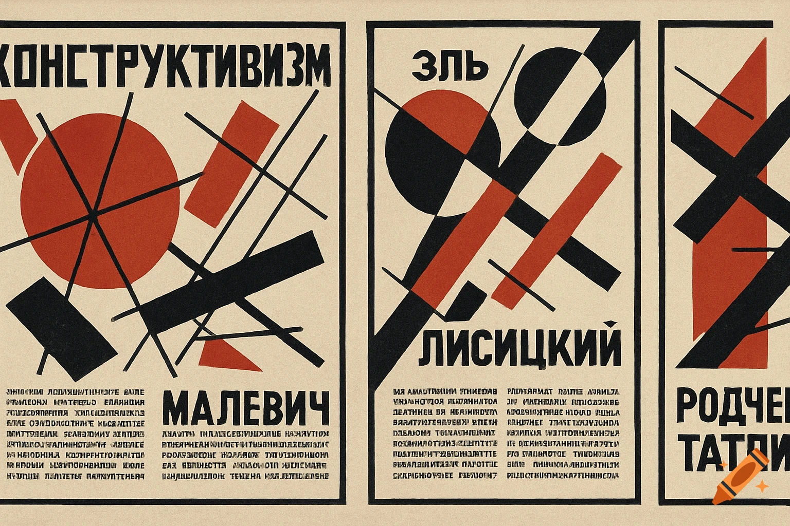 Three Constructivist art posters with red and black geometric shapes and Cyrillic text on a beige background.