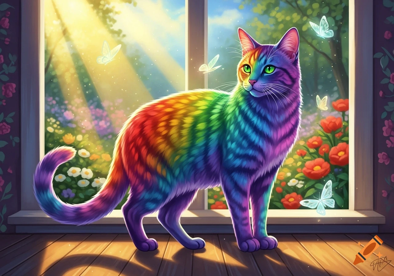 A vivid rainbow cat with green eyes stands by a sunlit window, looking at a magical garden with flowers and glowing butterflies.