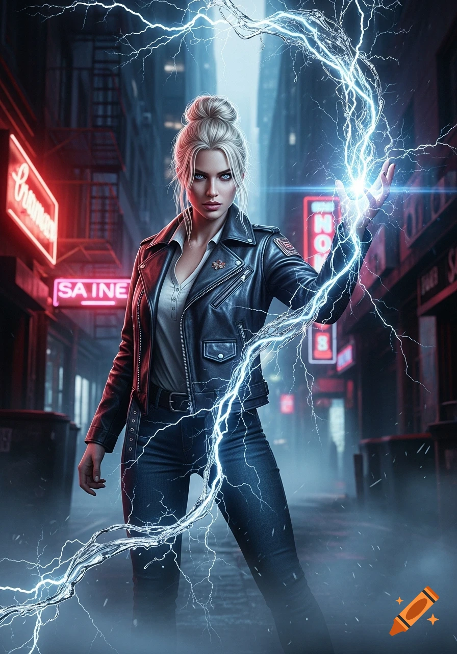 Photorealistic image of a blonde woman in a leather jacket generating electricity in a dark city alley with neon signs.