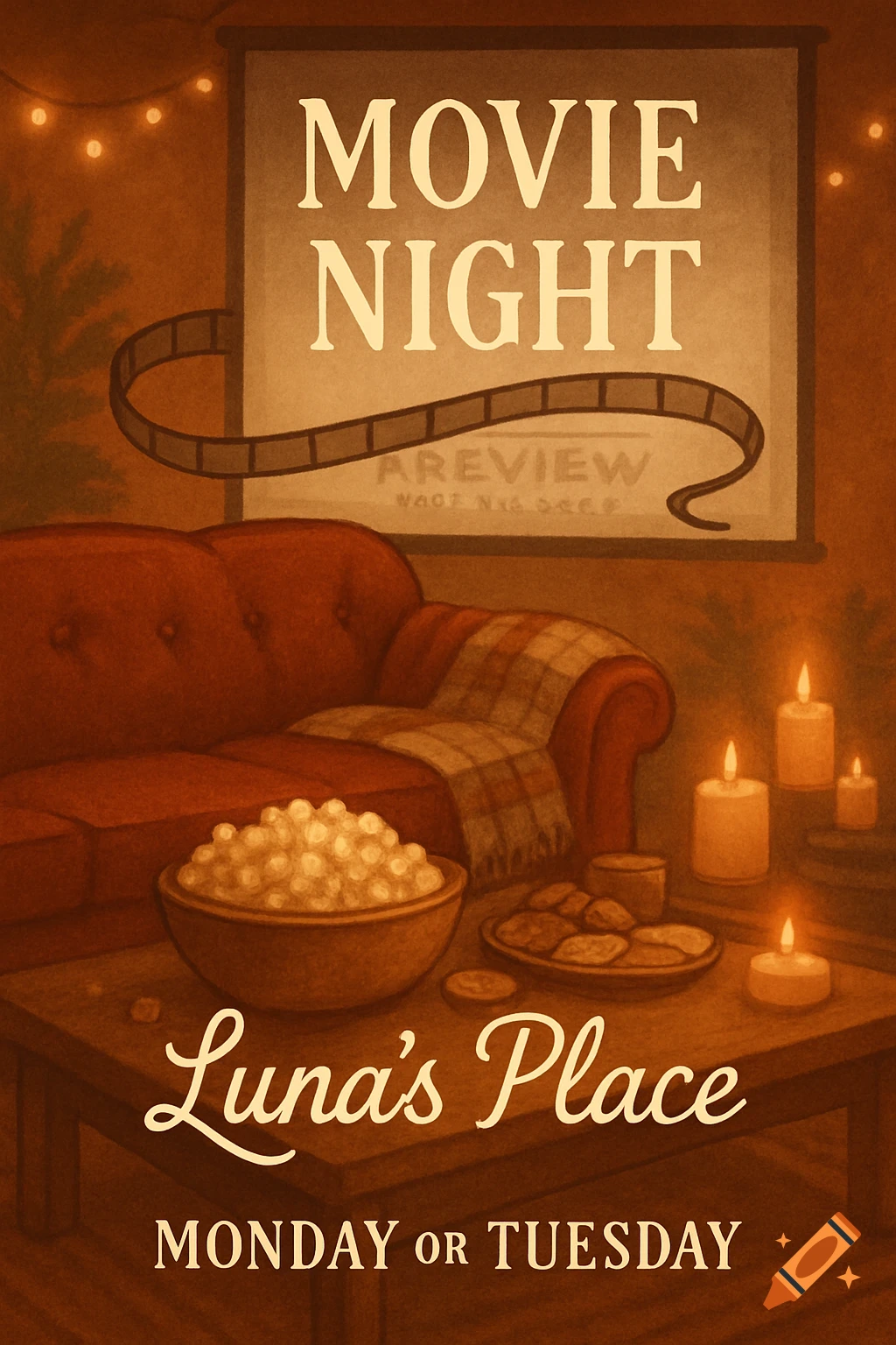 An illustrative movie night invitation poster in warm tones. It features a red couch, a bowl of popcorn, cookies, candles, and string lights. A projector screen displays 'MOVIE NIGHT' and 'Luna's Place' 'MONDAY OR TUESDAY'.