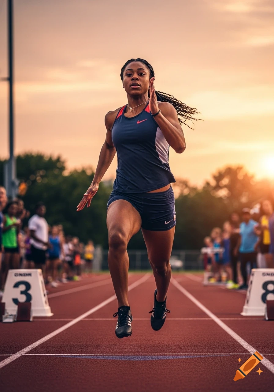 A photorealistic image of a female runner mid-stride on a track at sunset, with spectators in the blurred background.