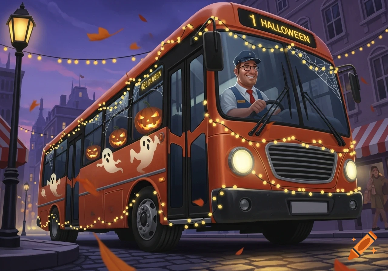 A smiling bus driver in an orange Halloween-themed bus decorated with string lights, pumpkins, and ghosts, at dusk.