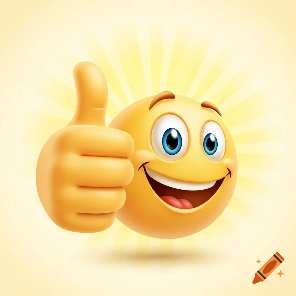 A smiling yellow emoji with blue eyes and an open mouth gives a thumbs-up gesture against a radiant yellow background.