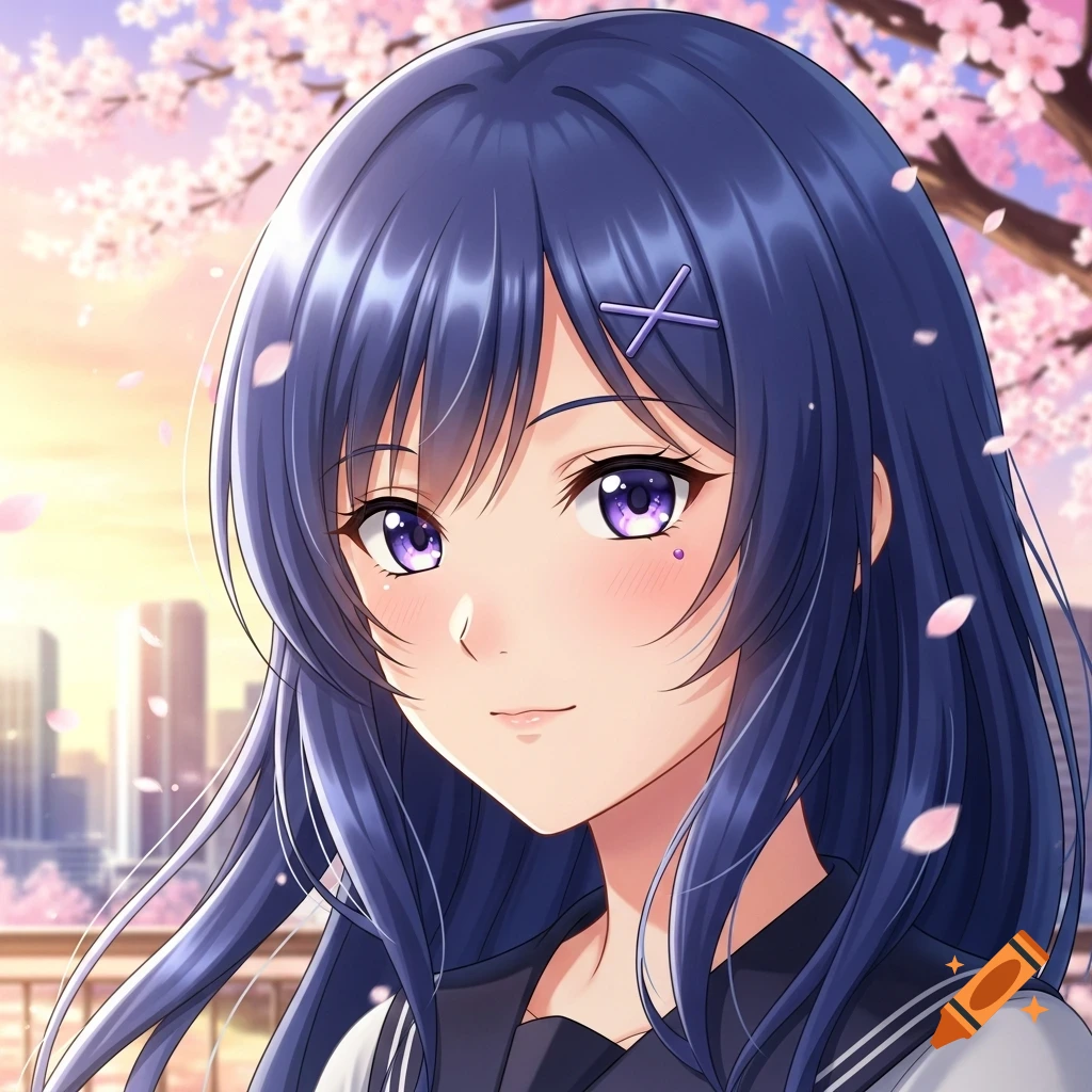 Close-up anime portrait of a smiling girl with dark blue hair, purple eyes, and a mole, wearing a school uniform, with cherry blossoms and a city in the background.