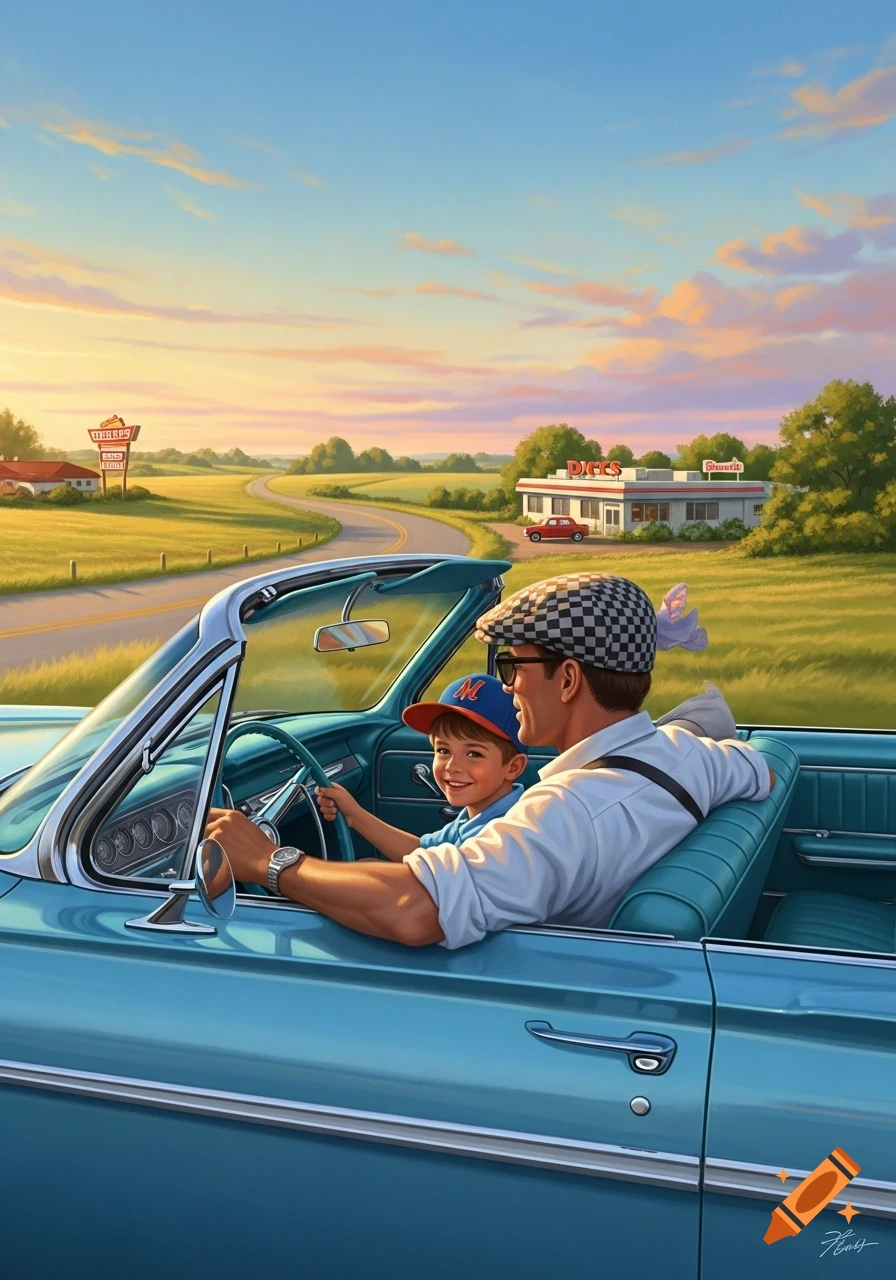 A father and son drive a classic blue convertible down a rural road at sunset, passing a diner and a roadside sign.