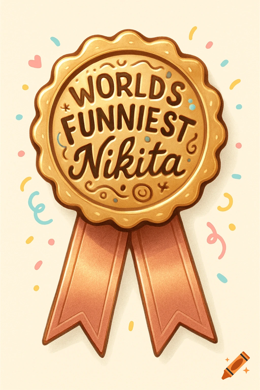 A cute illustrated golden award badge with pink ribbons and confetti, reading 'WORLD'S FUNNIEST Nikita'.