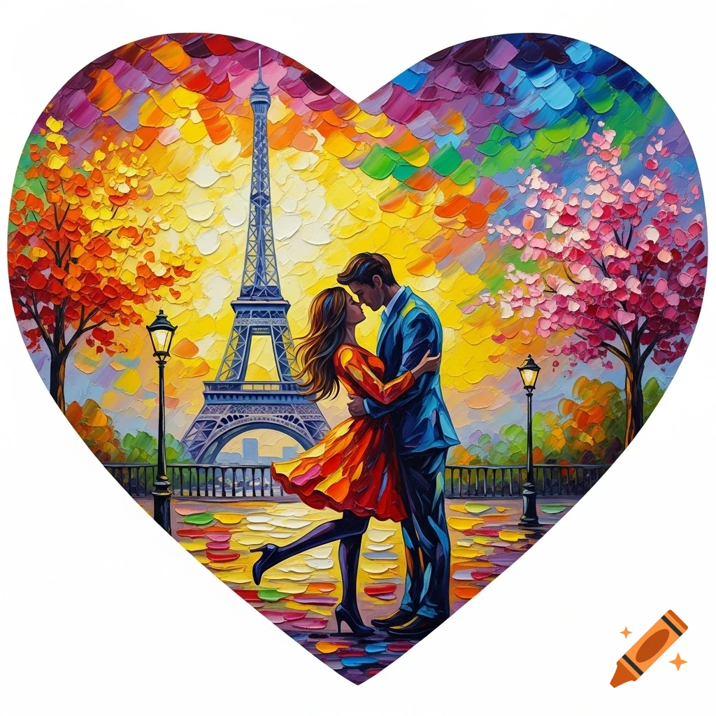 A vibrant, heart-shaped impasto painting of a romantic couple kissing in front of the Eiffel Tower with colorful trees.
