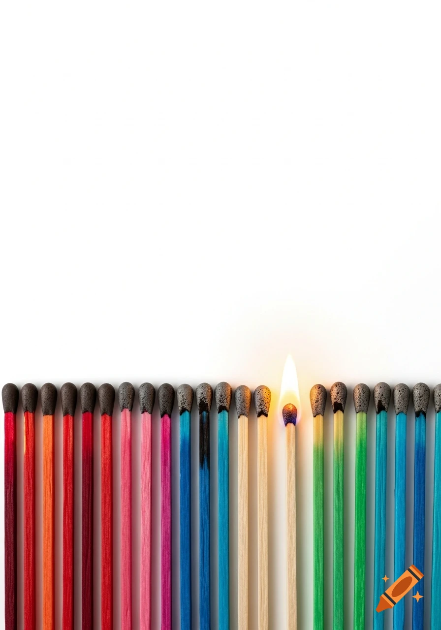 A row of colorful matches with one match ignited with a bright flame, against a white background.