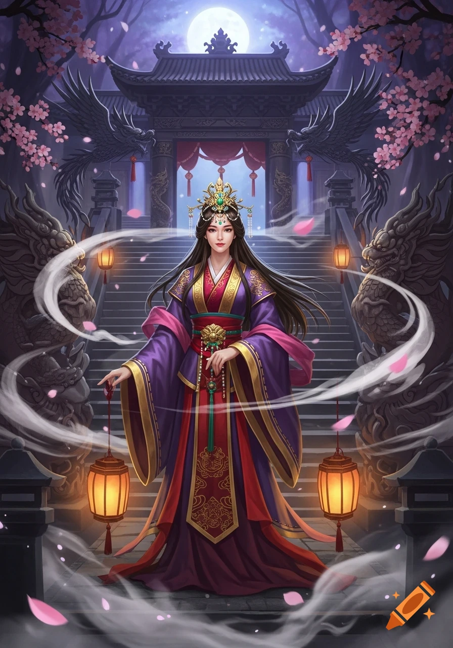 Regal Asian goddess in traditional purple and red attire, holding a lantern, before an ornate temple with dragons and cherry blossoms under a full moon.