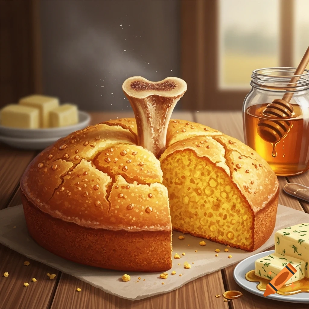 A bone-in cornbread loaf on a wooden table with honey, butter, and a slice removed, revealing its porous texture.