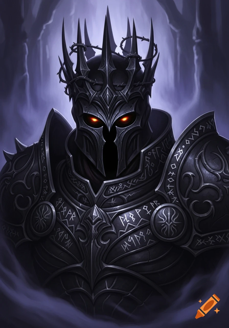 A dark fantasy portrait of a menacing dark lord in intricate black armor, wearing a spiked crown, with glowing red eyes.
