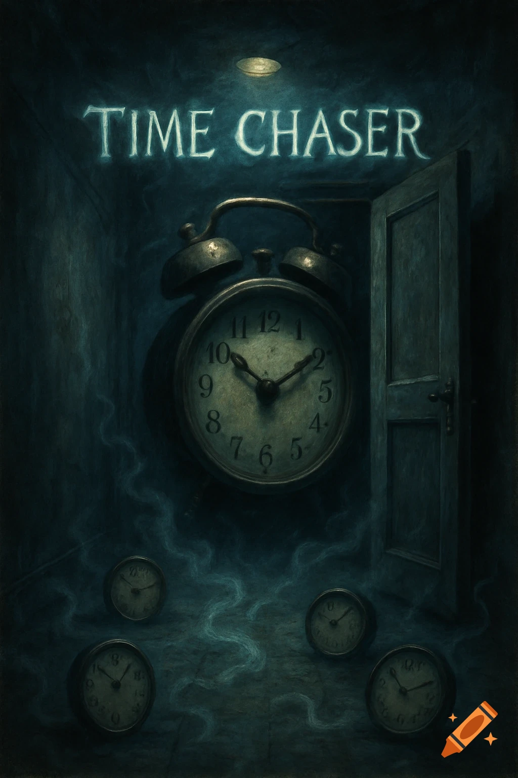 A large alarm clock, smaller clocks, and an open door in a dark, mysterious room with wisps of smoke. 'TIME CHASER' text glows above.